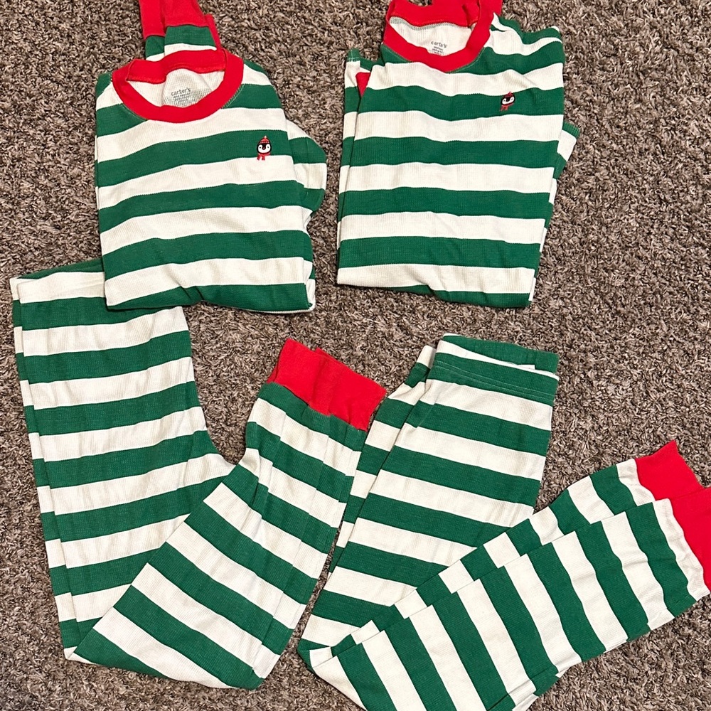 2 Pairs of adult Christmas Pjs: Green and White Striped Pajamas with Red Accents